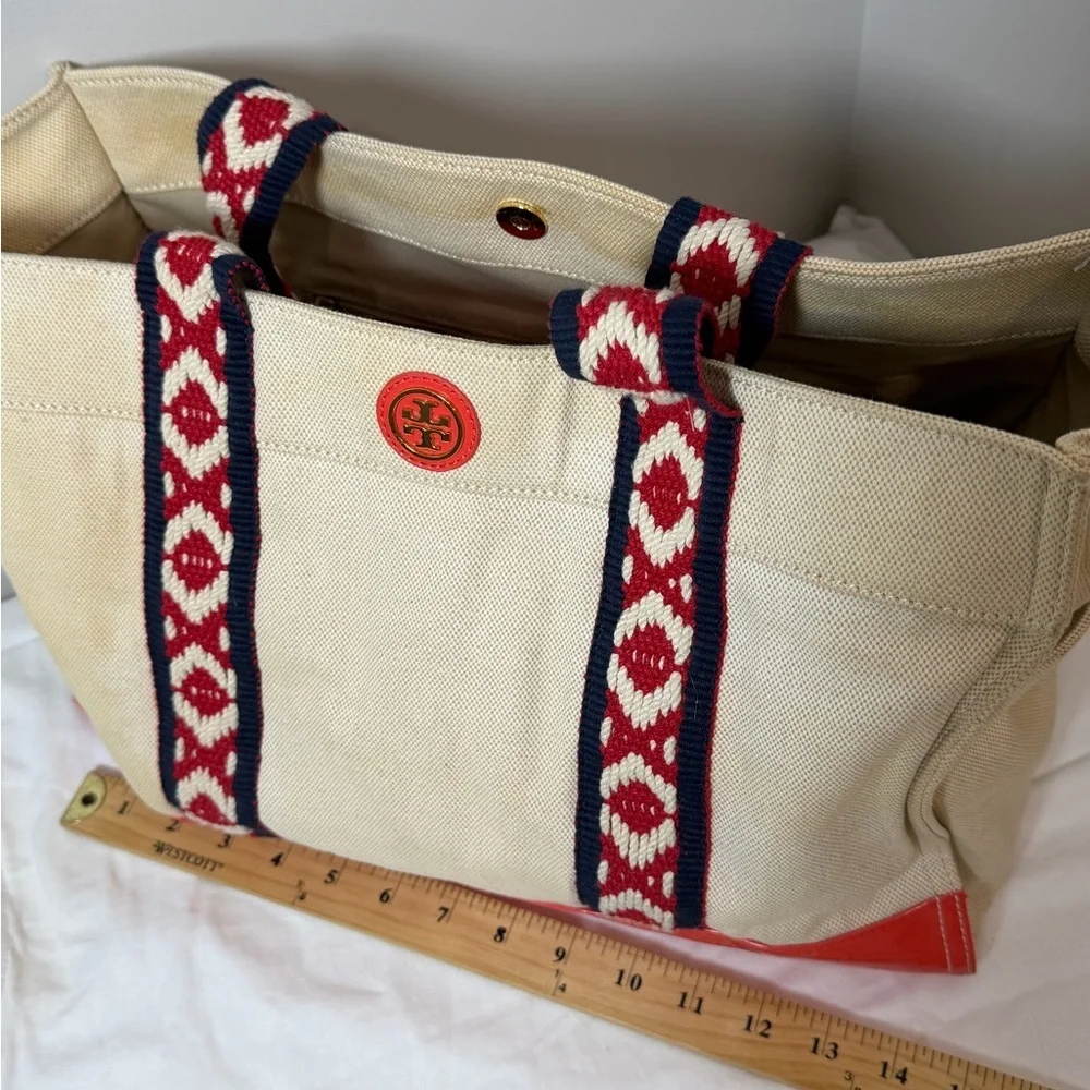 Tory Burch canvas and patent leather mini tote bag in a cream and red colorway